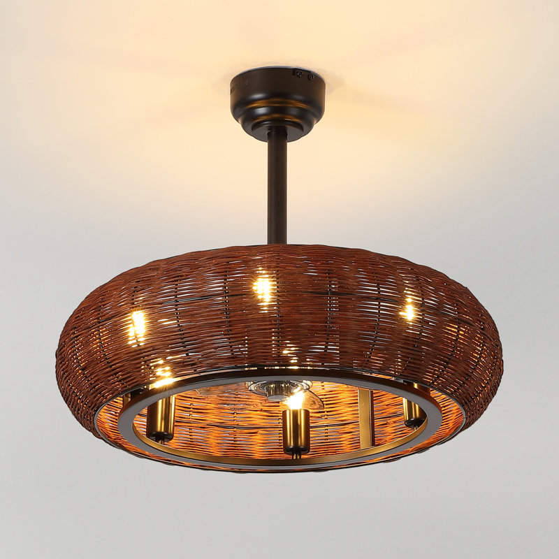 Ventilateur de plafond à lanterne réglable en métal / rotin à 6 lumières de 23 po Cassidy, Marron foncé
