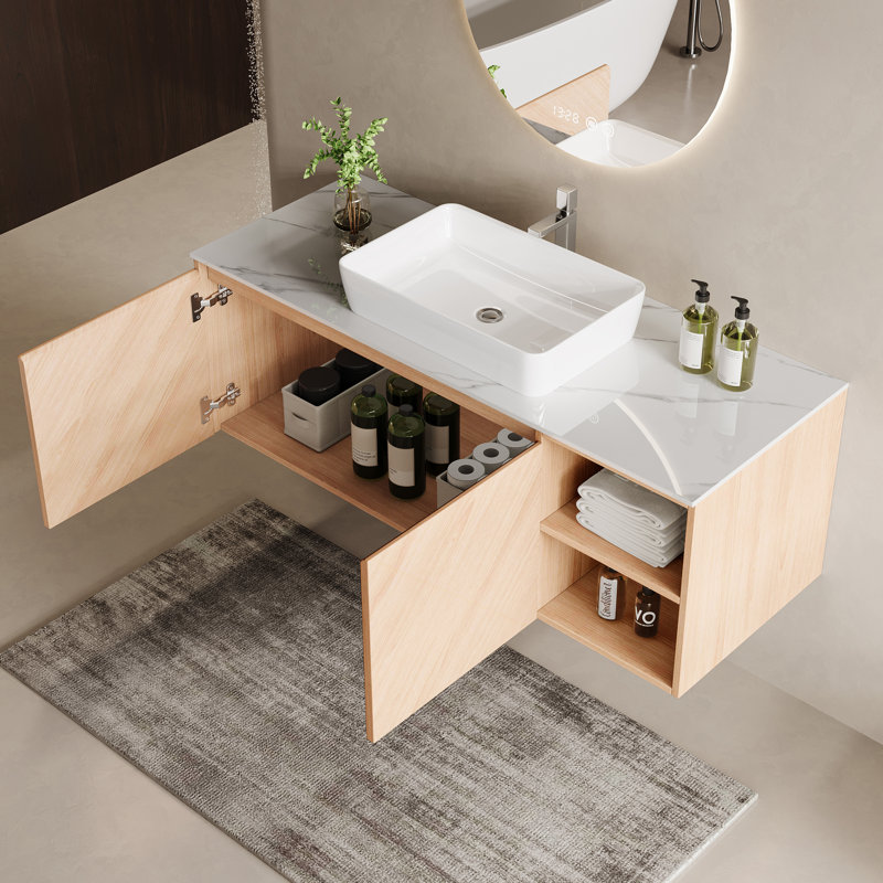 Bathroom Single Vanity Ceramic Basin, Light Wood, 48"