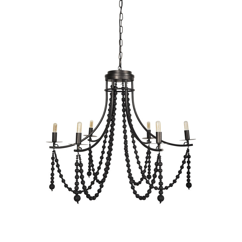 Lustre à six lumières de style bougie noire en métal et perles
