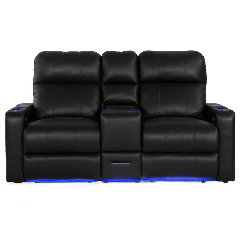 Turbo Upholstered Power Reclining Home Theater Seating with Cup Holder, Black Genuine Leather