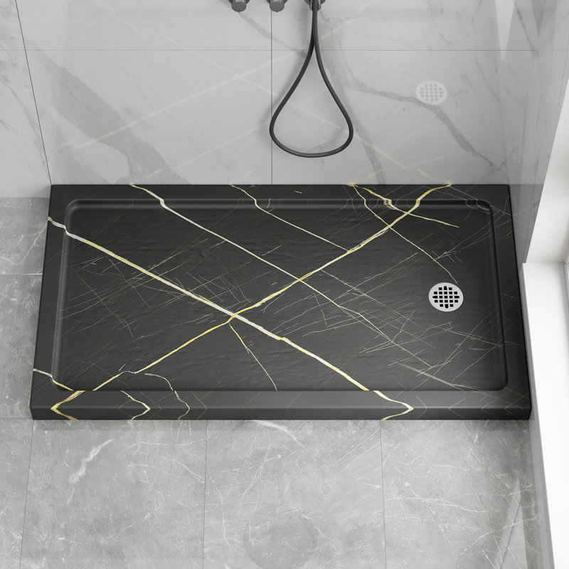 48 in. x 36 in. Shower Base in Matte Black with Marble Pattern, Anti-Slip Acrylic Shower Pan with Detachable Flanges and Reversible Drain, cUPC Certified