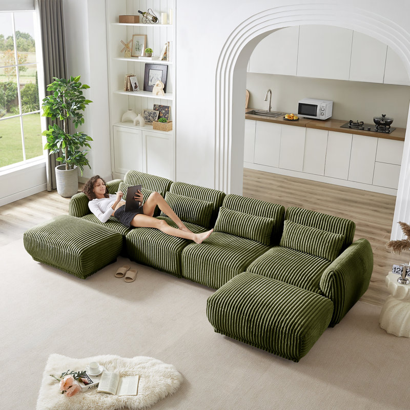 Upholstered U-Shaped Sectional Reversible, Green Corduroy