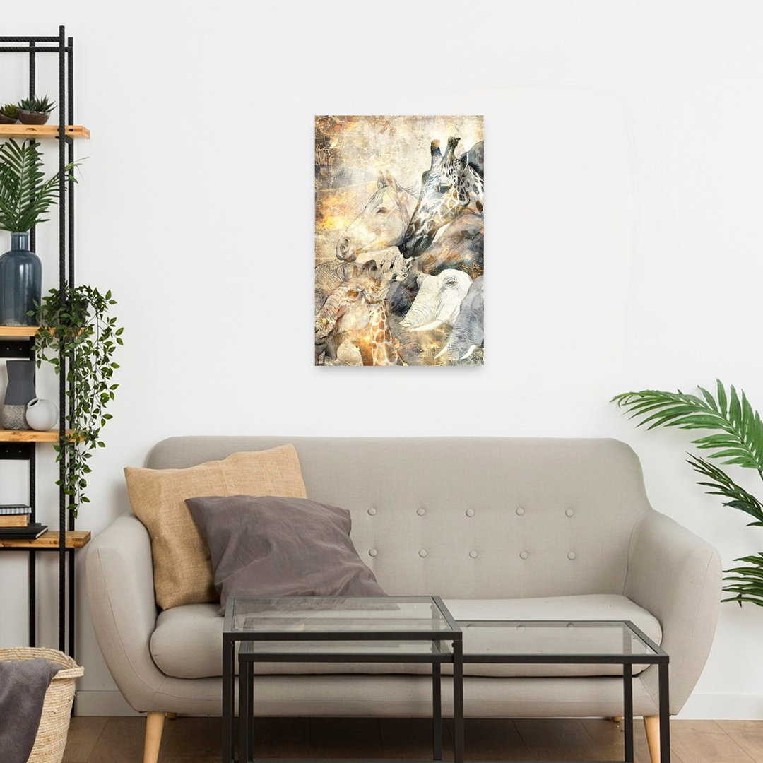 Safari Animal Blend Rustic Vintage Elephant Giraffe Horse Nature Wildlife Wall Art Print