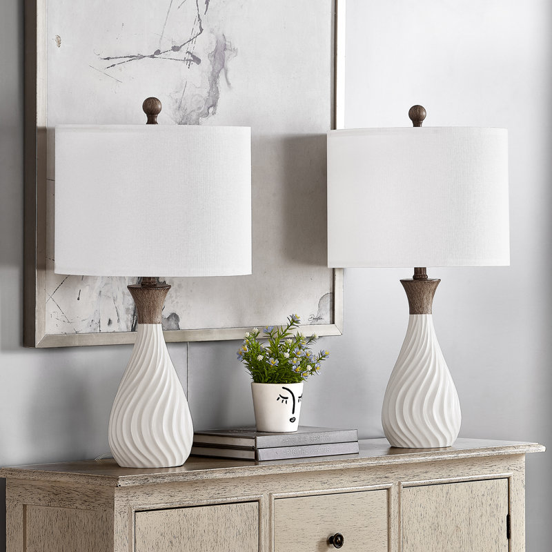 24.5 in. White Modern Dimmable Resin For Bedroom/Living Room Bedside Desk Nightstand Traditional Table Lamp With White Linen Drum Shade