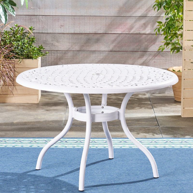 48-Inch Round Patio Dining Table Made Of Aluminum With Hammered Bronze Finish, And Tabletop, Umbrella Hole, Curved Legs, White Color, 39.66 Lb Weight, Ideal For Outdoor Ensemble 48 Inches In Size,