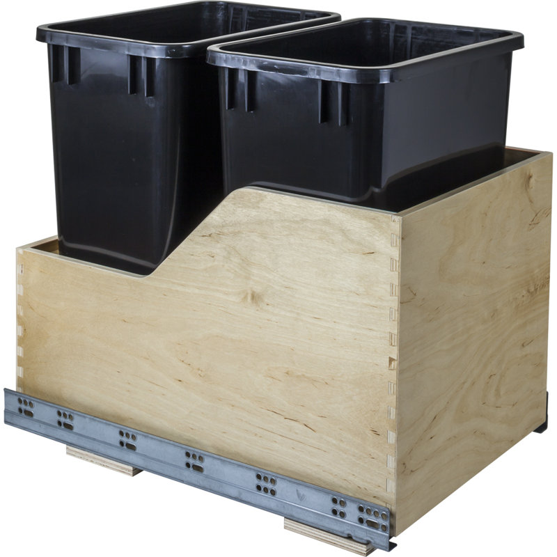 Preassembled 35 Quart Double Pullout Waste Container System, Black, 19.5" H x 15" W x 21.375" D, 8.75