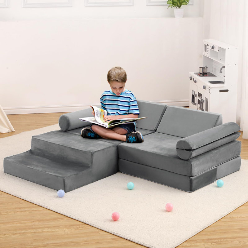 Modular Kids Couch 13PCS Nugget Couch, Grey Faux Leather