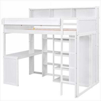 Platform Bed Twin Size Storage Solid Wood Loft Bed in Soft White with Built-in Desk and Wardrobe