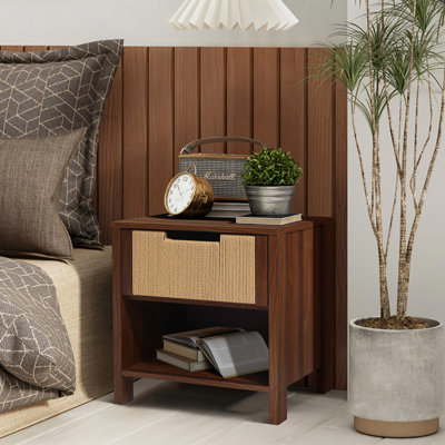 Walnut Finish MDF Wood with Rope Front 1-Drawer Nightstand and End Table