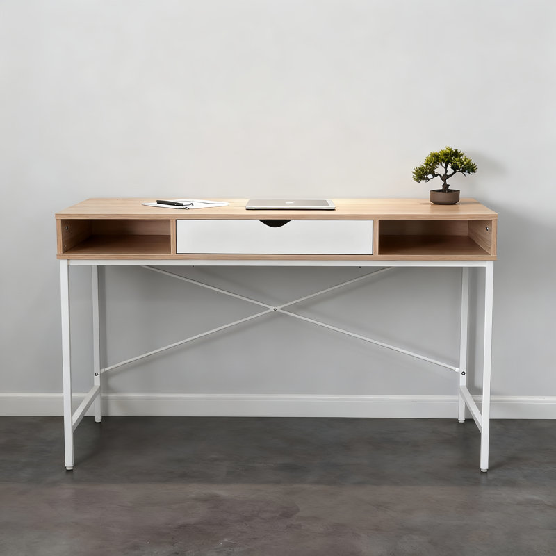 Desk with Built-in Outlets - Modern Office Desk with USB Charging Ports, Oak/White