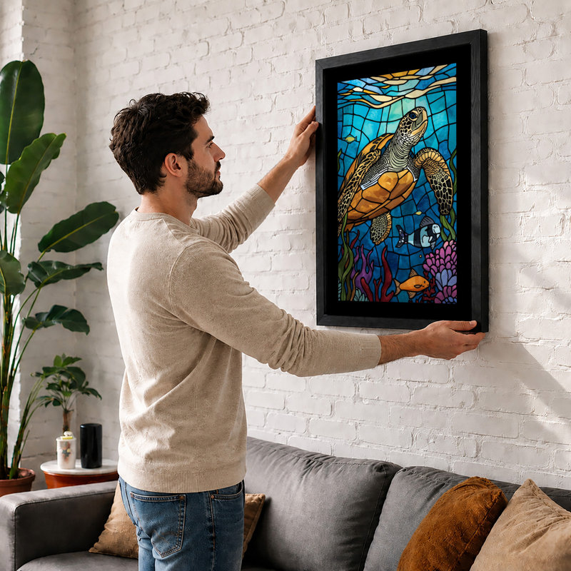 Turtle in Stained Glass Coastal - Framed Print, A1 - 84.1 x 59.4 cm, Black