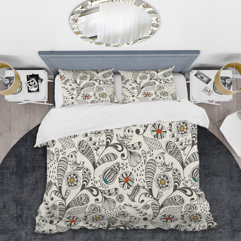 Ensemble de housse de couette à motif floral argenté, Housse de couette pour grand lit et 2 taies décor