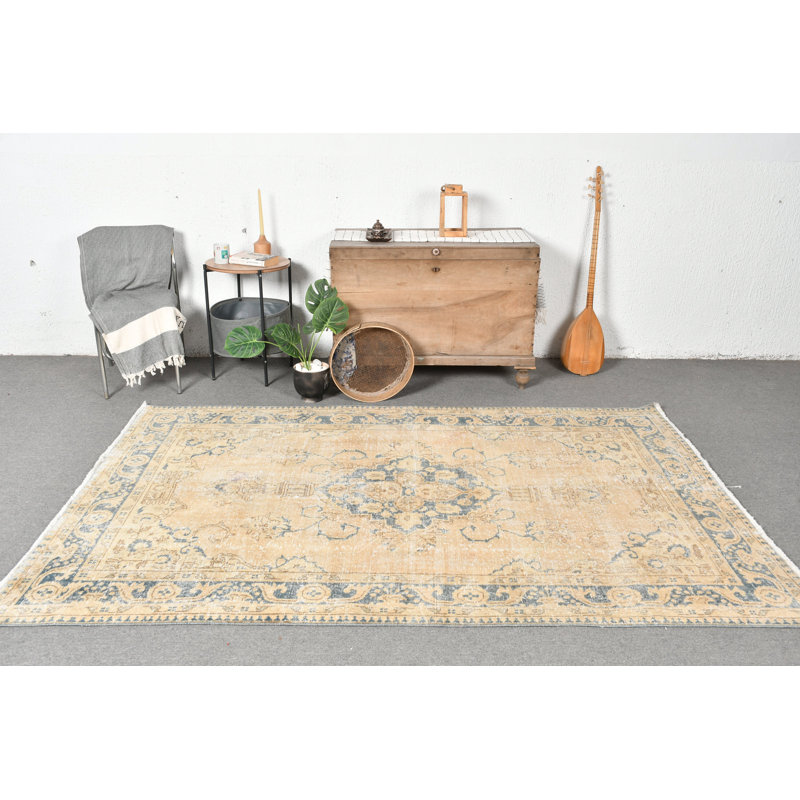 Tapis Oushak en laine tissé à la main à motif turc anatolien rétro au design traditionnel unique bleu / brun
