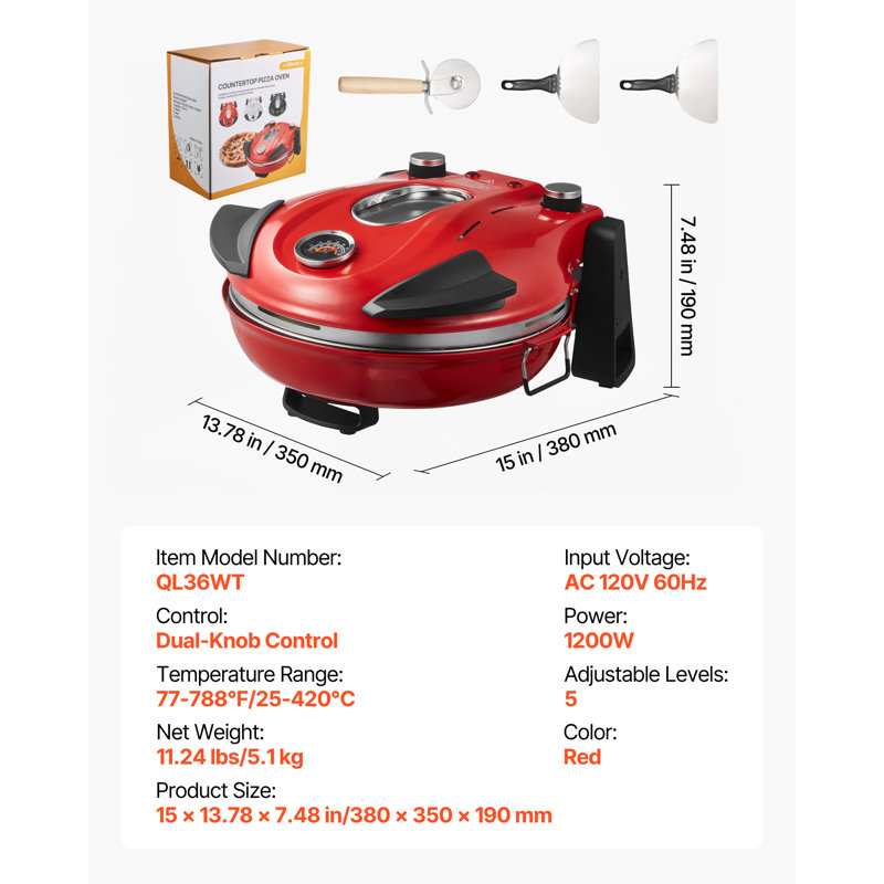 Pizza Oven, 12 in Electric Pizza Maker, 1200W Electric Pizzas Cooker with Cordierite Stone, 5-Mode Temperature Control, Viewing Window for Precise Cooking, Heats up to 788 ˚F, for Home (Red)