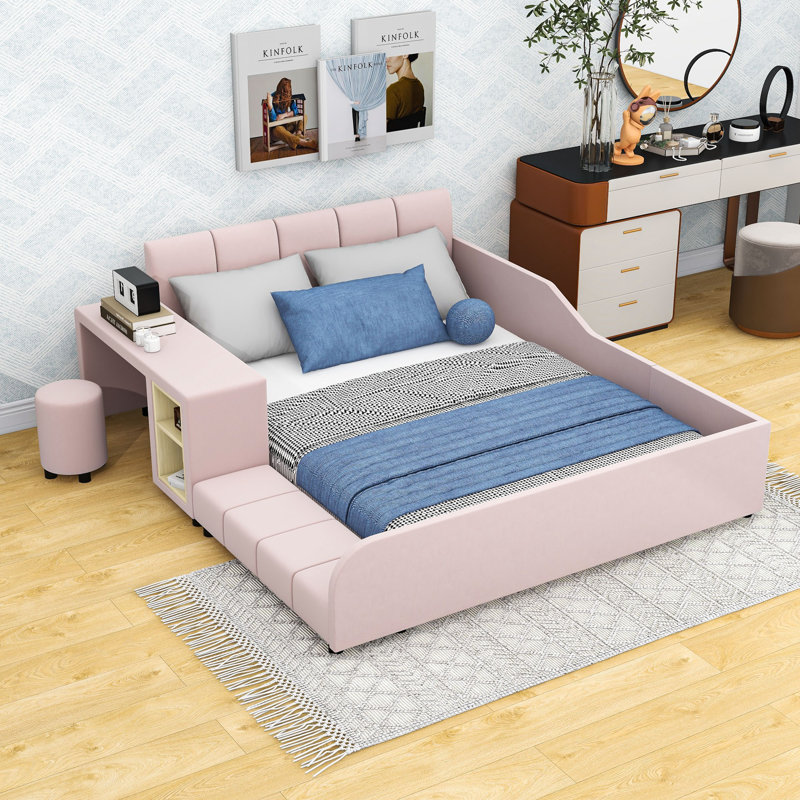 Lit plateforme en velours avec bureau Wakeeny, Double, Rose