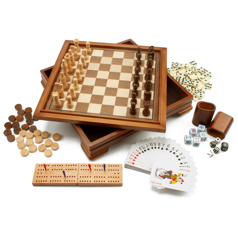 Deluxe Wooden 7-in-1 Board Game Set with Storage