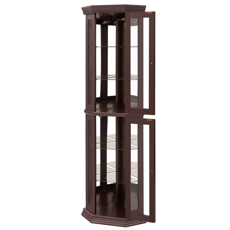 Vitrine de coin vitrée avec vitrine d'angle lumineuse, vitrine avec lumière (incluse), bar, armoire à vin avec tablettes réglables en verre, décoration en cerisier clair (incluse)