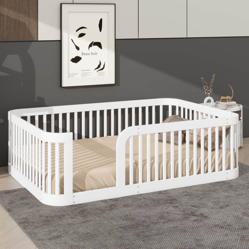 Structure de lit double avec barrière de sécurité Montessori, Blanc