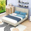 Lit plateforme tapissier avec tête de lit et pieds en bois-390450543