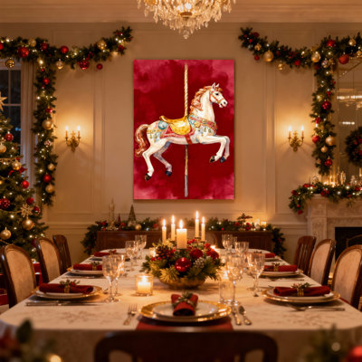 «Christmas Carousel Horse» sur fond rouge, ensemble de 3 reproductions d'art sur toile