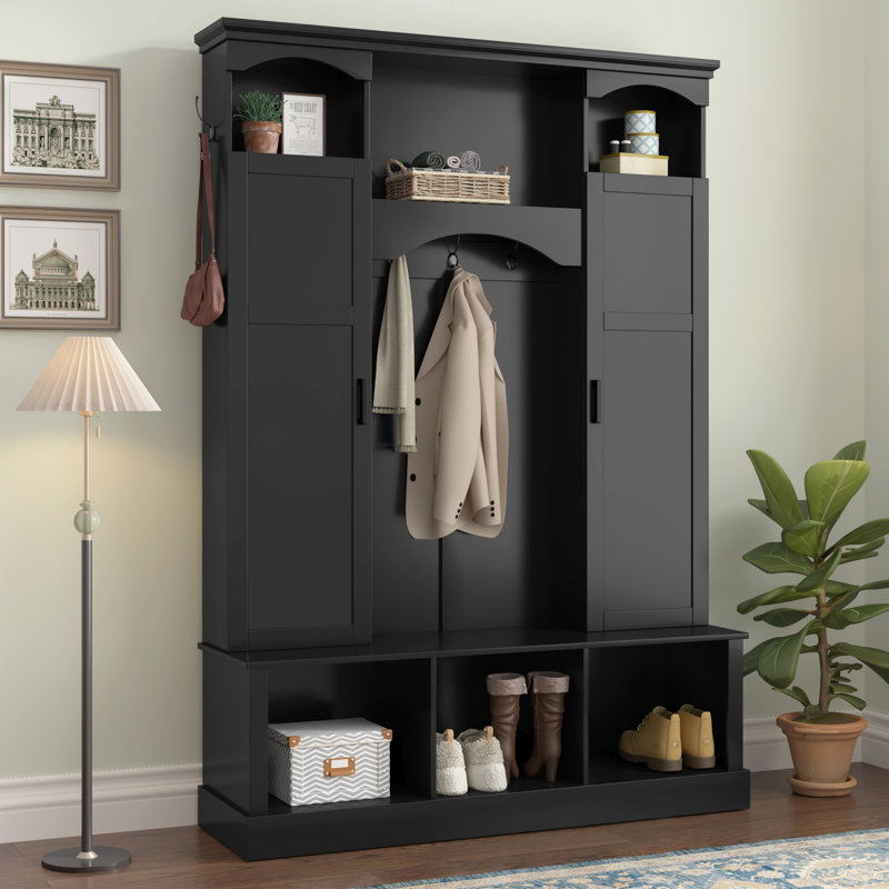 Hall Tree With Storage Bench, Entryway Coat Rack With Cabinets And Hooks, Arched Display Shelf Design, Contemporary Minimalist, Entryway