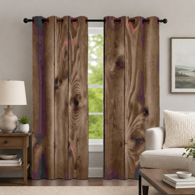 2Pcs Brown Wood Grain Pattern Curtains, Rustic Style Curtain, Natural Timber Texture Printed Art Grommet Drapes, Window Treatment for Bedroom Living Room Decor