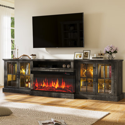 98" Tv Stand With Electric Fireplace, Large Entertainment Center For Over 100" Tvs, Tv Console With Cable Holes, Adjustable Shelves & Glass Doors