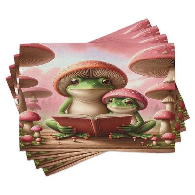 Funny Place Mats Set of 4 Mushroom Smiling Frog Family Standard Coral Lime Green and Caramel -  Ambesonne, ser_sd1448