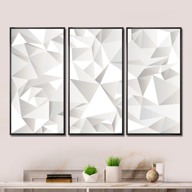 «White Crumpled Abstract», ensemble de 3 reproductions encadrées sur toile, H 28 po x l 36 po x P 1 po, Cadre noir