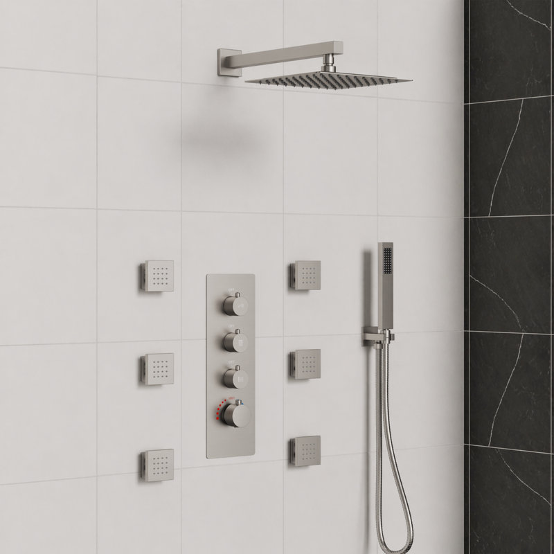 Système de douche thermostatique, robinet de douche à pluie haute pression 12 "avec valve brute, Nickel brossé