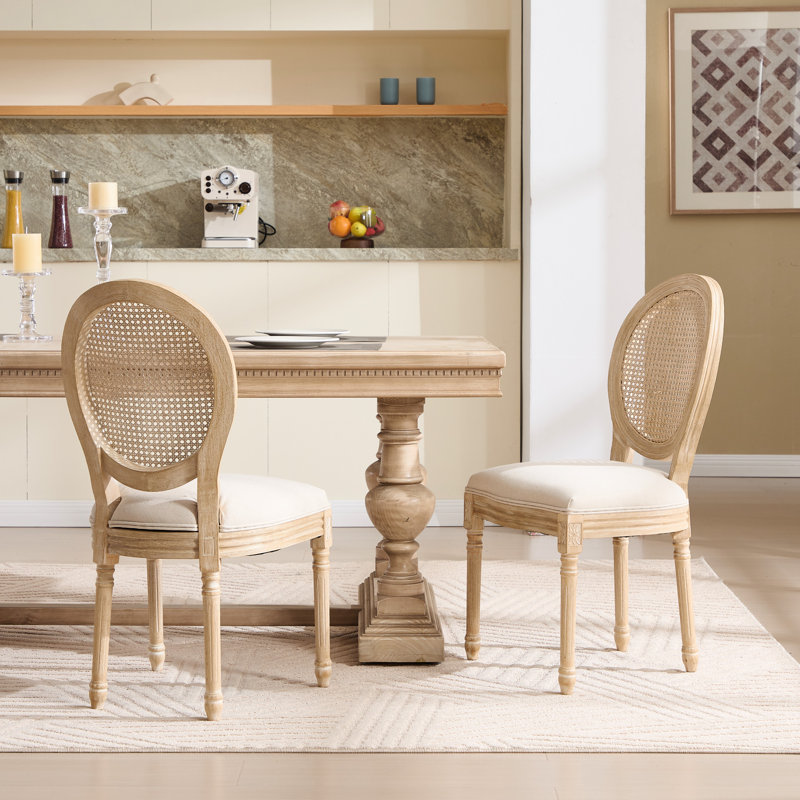 Chaises de salle à manger de style français français en beige, rembourrées avec une base en bois massif naturel, tissu en coton et en lin de haute qualité, démontables pour la cuisine, tréfilant avec des caractéristiques de sculpture beige de 2, rond