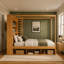 Lit à baldaquin en bois massif avec tête de lit bibliothèque, prises USB et éclairage DEL RVB intelligent, sommier avec rangement sous le lit, tiroir au pied du lit et garde-robe réversible, finition noyer-945022950-945022955