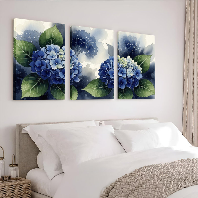 «Blue Hydrangea», reproduction d'art sur toile tendue à l'aquarelle (ensemble de 3), H 18 po x l 36 po