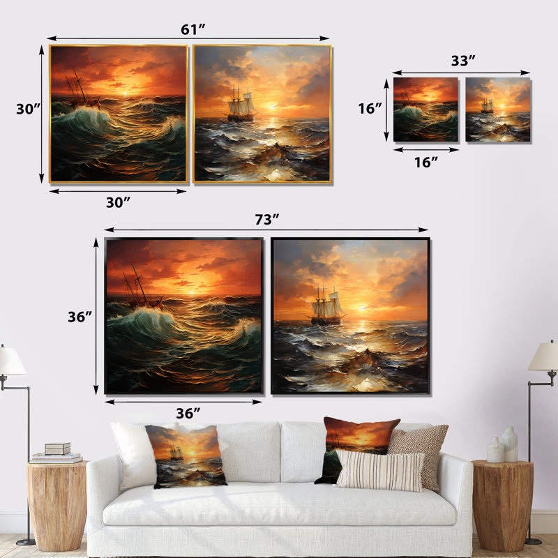 «Golden Boat Horizon Sunset I», ensemble d'art mural sur toile Coastal Sunset, Toile tendue, H 30 po x l 61 po x P 1 po