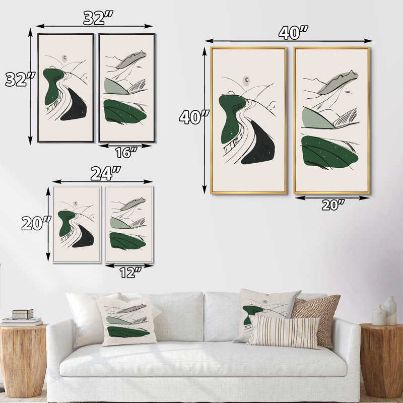 «Green Retro Landscape Panoramas I», ensemble de 2 impressions, H 20 po x l 24 po x P 1 po, Toile avec cadre blanc