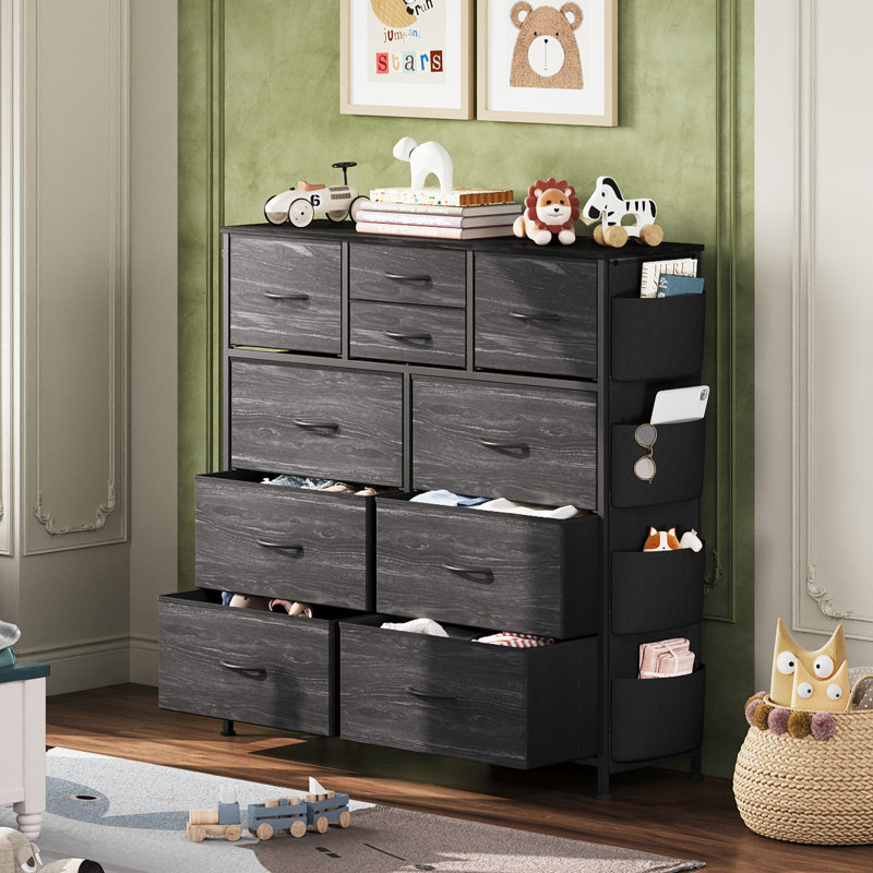 Ojaswi 10-Drawer Dresser With 4 Side Pockets and 2 Hooks for Bedroom, Sturdy Metal Frame Organizer Unit For Living Room, Hallway