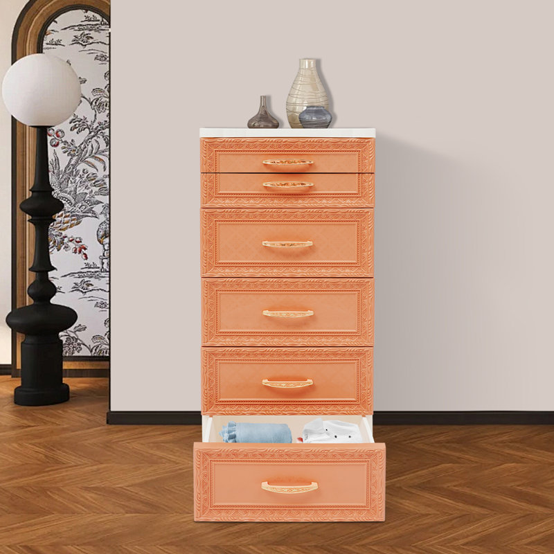 Storage Cabinet, Storage Organizer With Drawers And Wheels, Orange