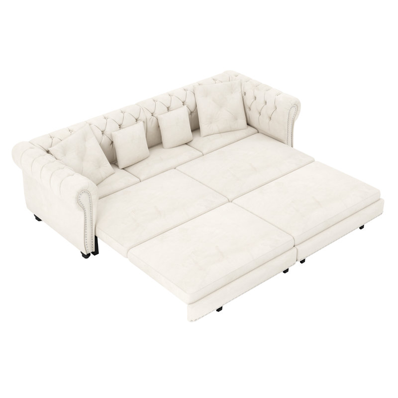 Canapé Chesterfield, canapé-lit convertible 3 en 1 de 89 po, canapé-lit convertible, canapé-lit très grand, méridienne, canapé en velours 3 places avec repose-pieds mobile, conception capitonnée, beige / blanc