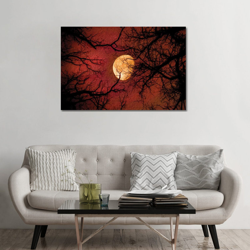 Peinture de la lune rouge au soleil de minuit, H 32 po x l 48 po x P 1,5 po, Toile tendue