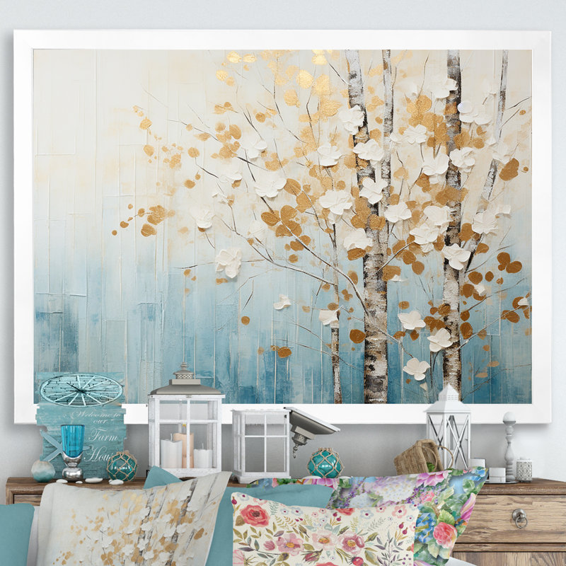Minimalisme bleu et forêt dorée I - art mural forêt, H 24 po x l 32 po x P 1 po, Cadre simple blanc