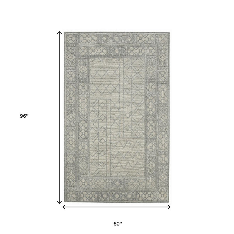 Tapis crocheté à la main 5 pi x 8 pi en laine gris et ivoire Southwestern
