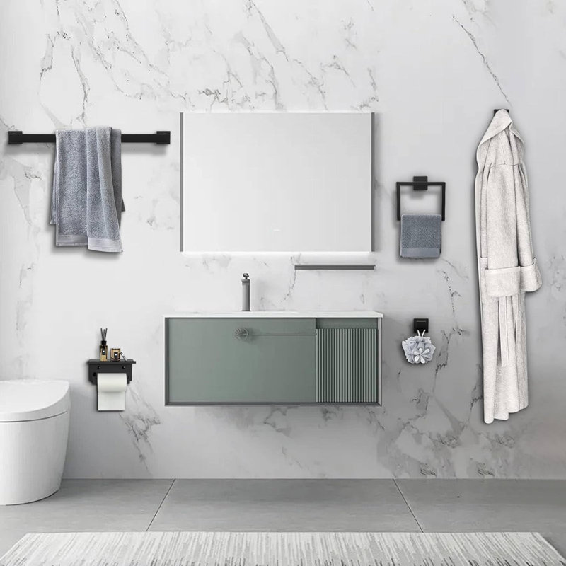 Ensemble de quincaillerie de salle de bain murale en acier inoxydable noir mat 5 pièces avec tablette, Noir mat