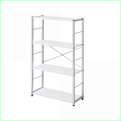 Bibliothèque, cadre minimaliste moderne ivoire blanc chrome à 4 niveaux, 22 x 9 x 13 H | Blanc | Métal