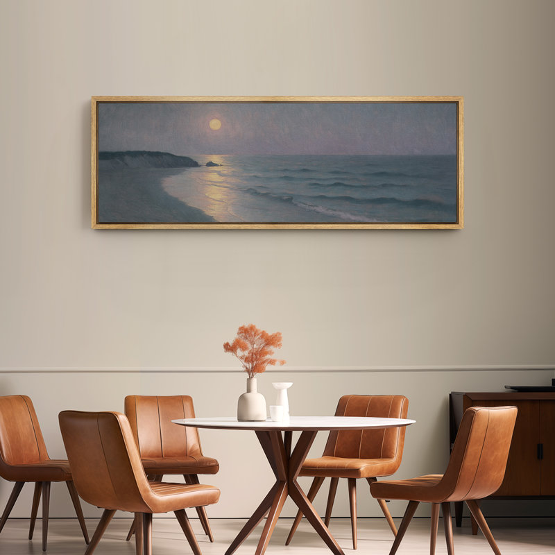 Clair de lune sur une plage tranquille, grande impression sur toile encadrée pour un décor côtier serein, H 20 po x l 60 po