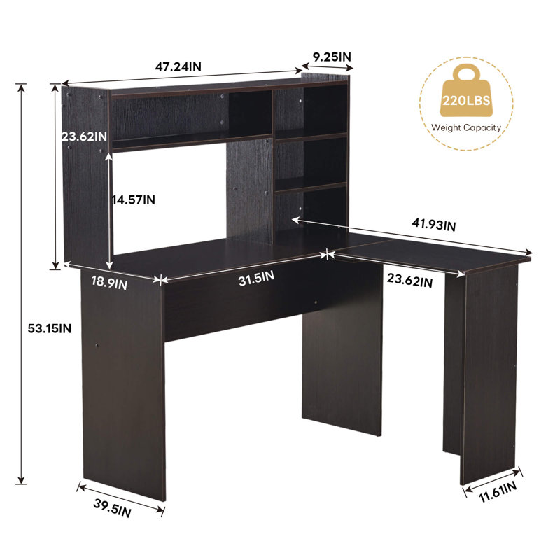 Bureau d'ordinateur en forme de L avec huche et tablettes de rangement Oklee