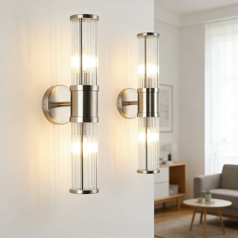 Brushed Nickel Bathroom Vanity Light Fixture, Industrial Up & Down Wall Sconce With Glass Rods, E12 Socket, Hardwired Installation (Bulbs Not Included)