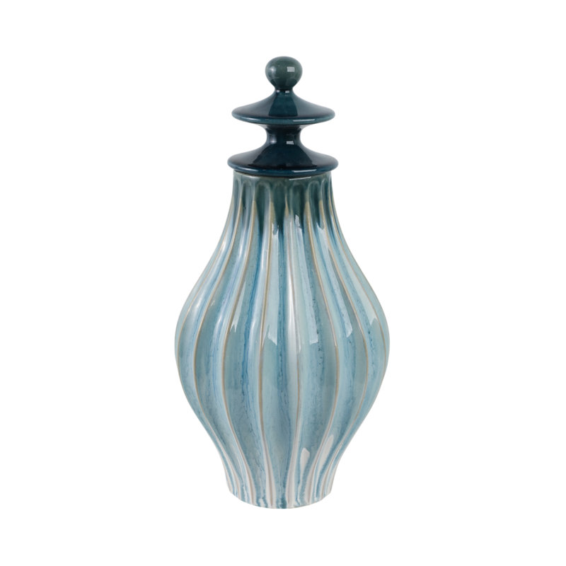 Modern Fluted Tall Ceramic Lidded Jar for Home Decor Display - Artistic Jar for Transitional Table Styling for Living Room - Green