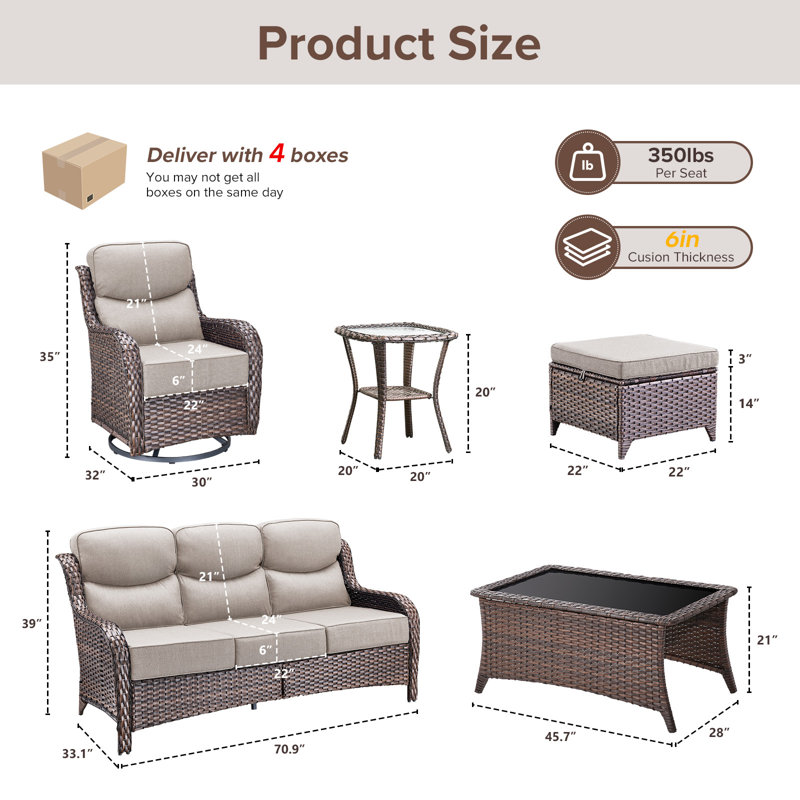 Ensemble de mobilier de jardin en osier de luxe pour 7 personnes avec table basse et chaises pivotantes extra-épaisses de 6 pouces, table d'appoint