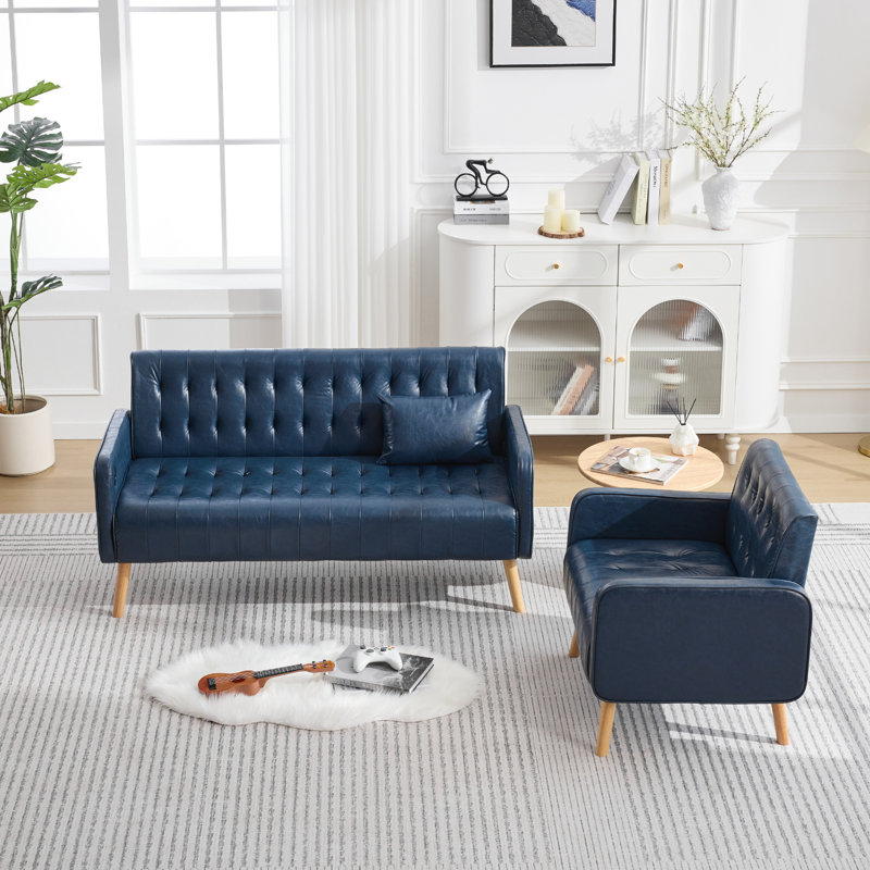 Salon capitonné en similicuir avec charge USB et poches (ensemble de 2), Bleu