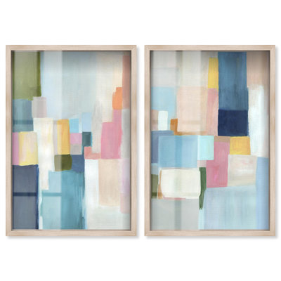 «Colorful Stillness Shadowbox», ensemble d'art abstrait par Art Remedy, cadre blond, 30 x 45